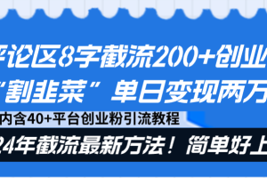 (8771期)评论区8字截流200+创业粉“割韭菜”单日变现两万+24年截流最新方法!